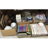 Five boxes of miscellaneous commemorative plates, Haynes car manuals,