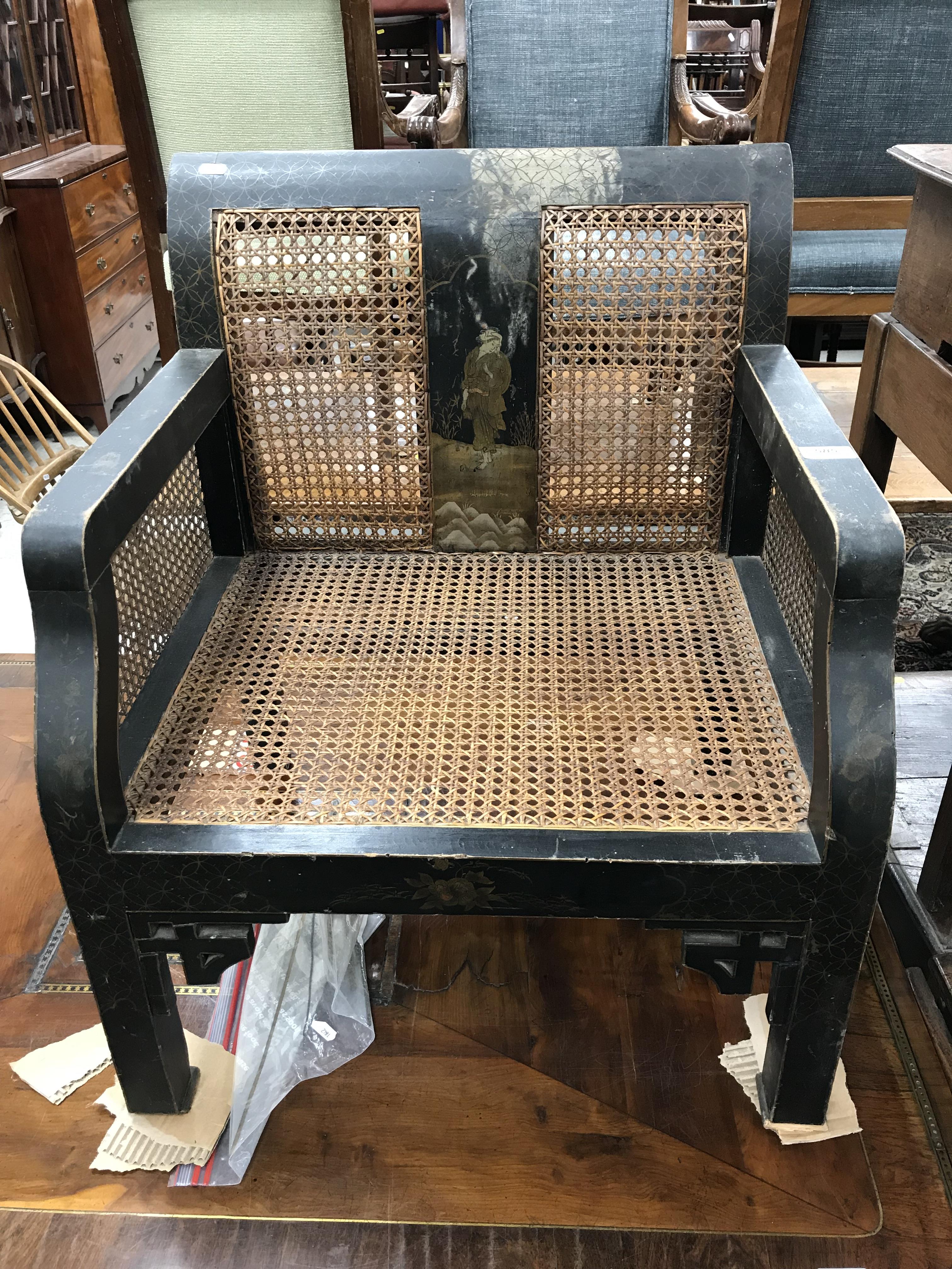 A pair of early 20th Century black lacquered and chinoiserie decorated caned low arm chairs on - Image 32 of 36