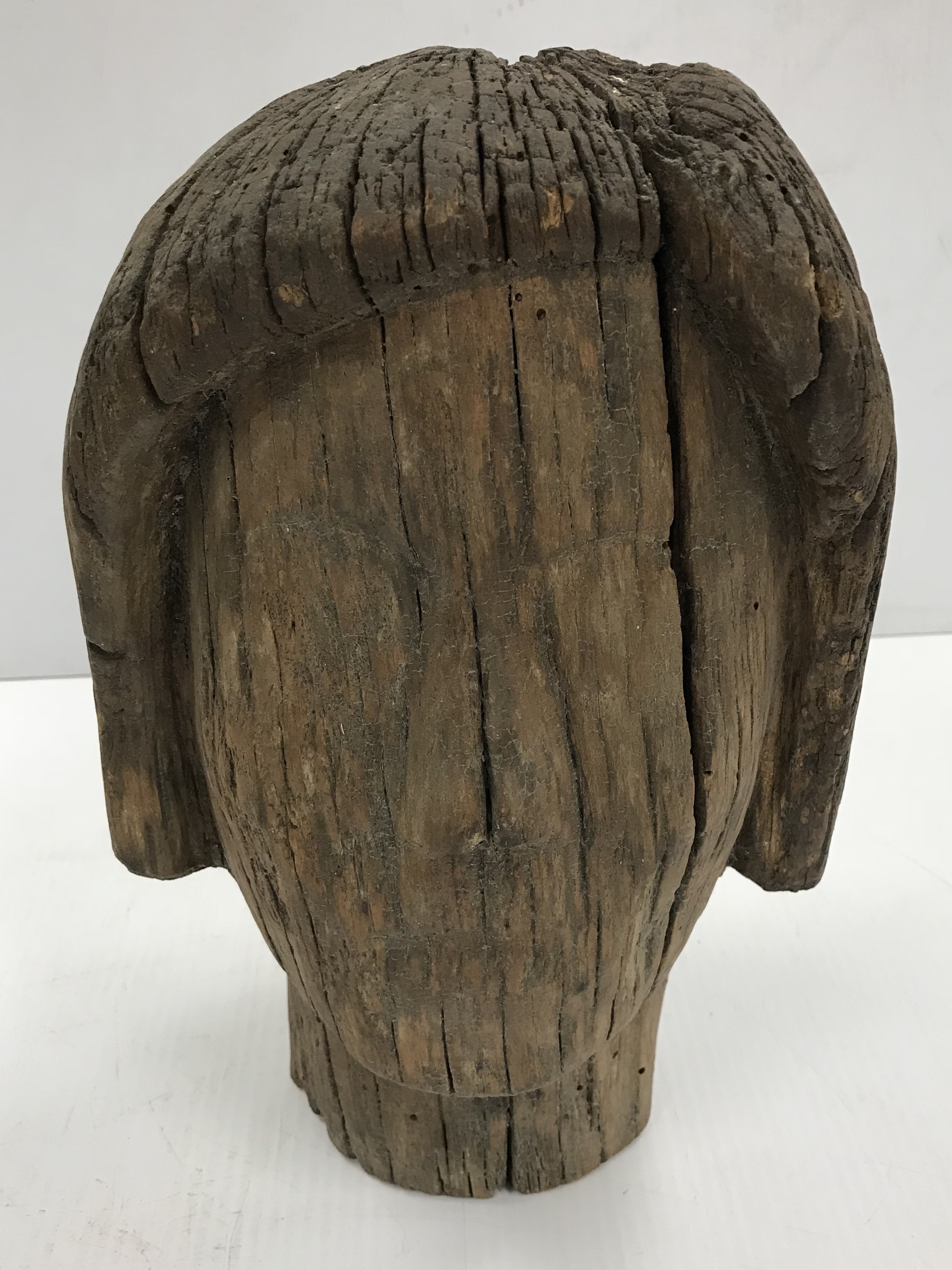A carved treenware head study in the ancient manner 31 cm high x 19 cm wide