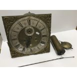 An 18th Century long case clock movement, the square brass dial with silvered chapter ring,