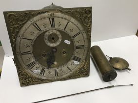 An 18th Century long case clock movement, the square brass dial with silvered chapter ring,