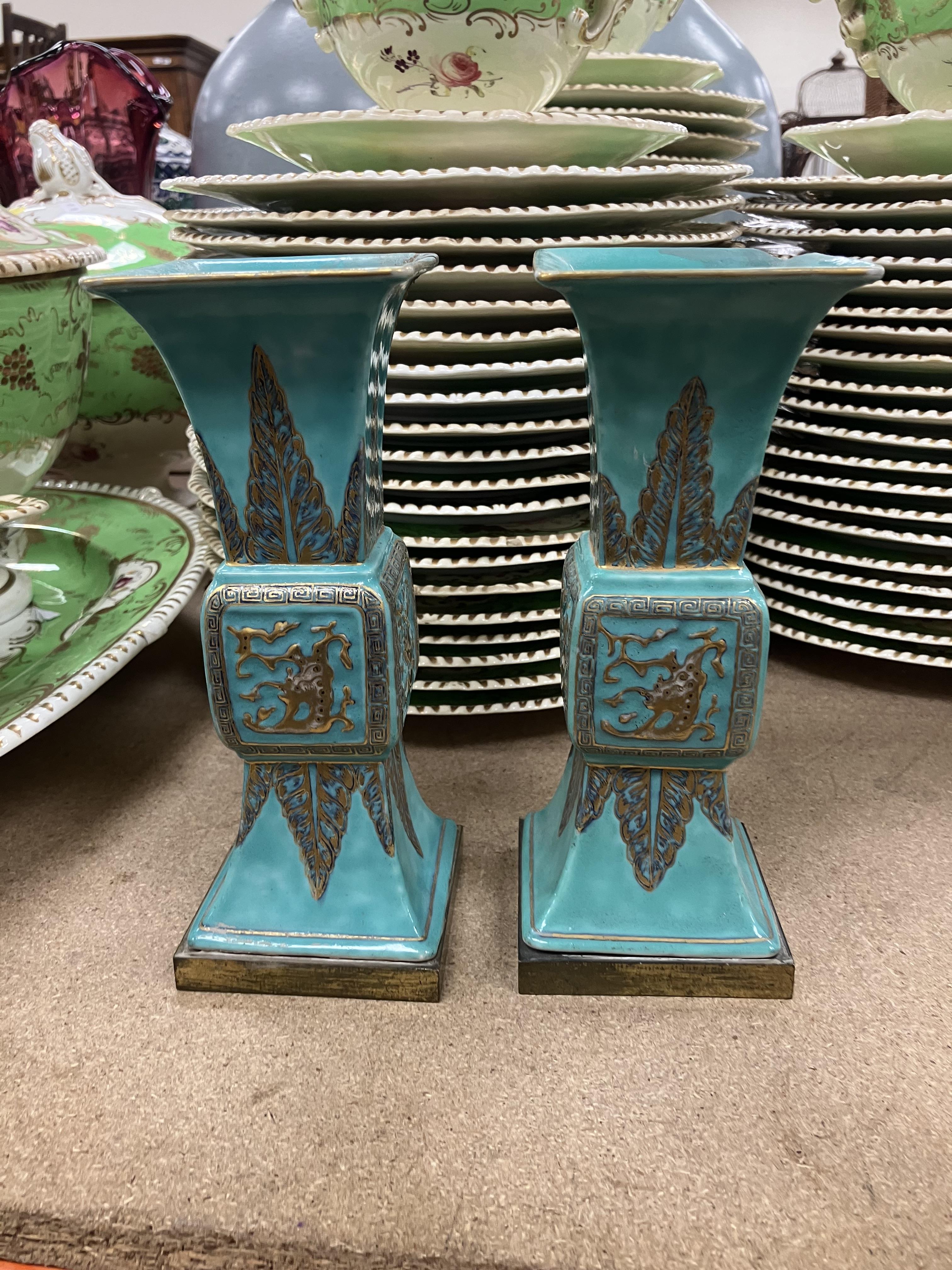 A pair of Chinese turquoise glazed gu vases of flared square form, - Image 19 of 44