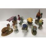 A collection of four Potschappel Dresden bird figures including three various Parrots and Cockerel,