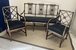 A circa 1900 mahogany and brass bound matched three-piece salon suite in the Russian neo-Classical