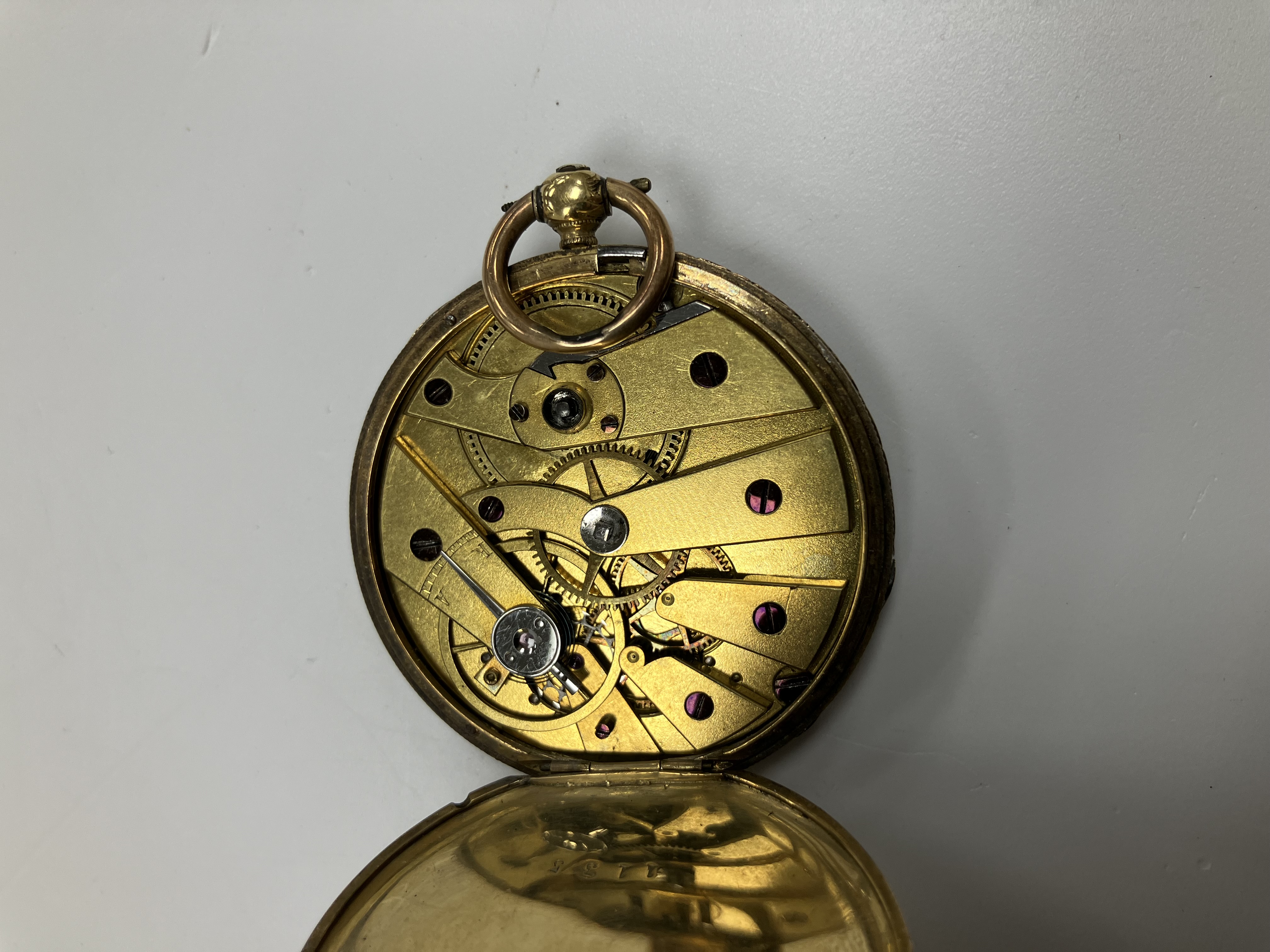 A 19th Century French yellow metal mounted open face pocket watch with engraved silvered dial and - Bild 6 aus 6