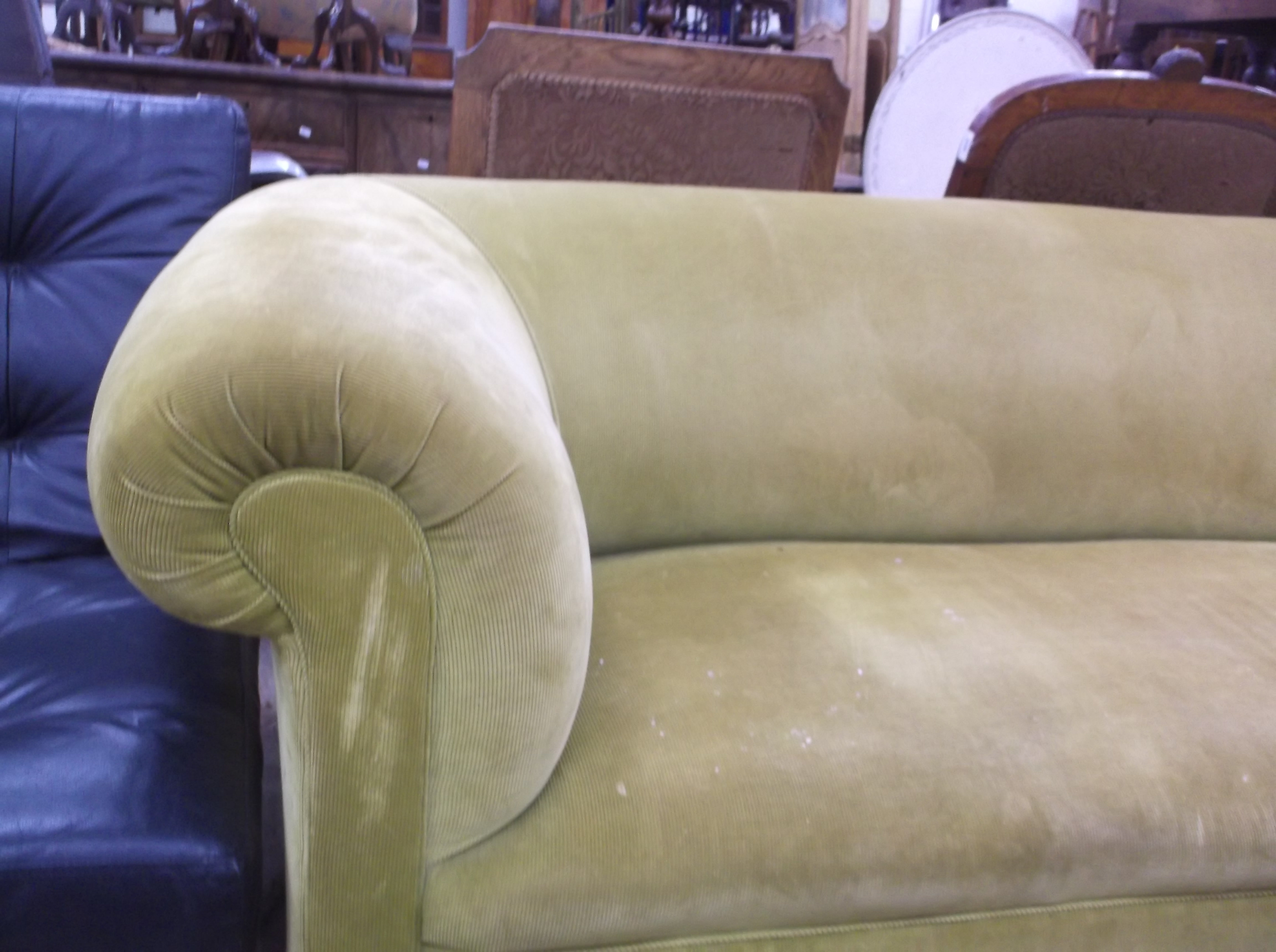 A Victorian Chesterfield sofa in modern lime green corduroy upholstery raised on ringed and turned - Image 4 of 5