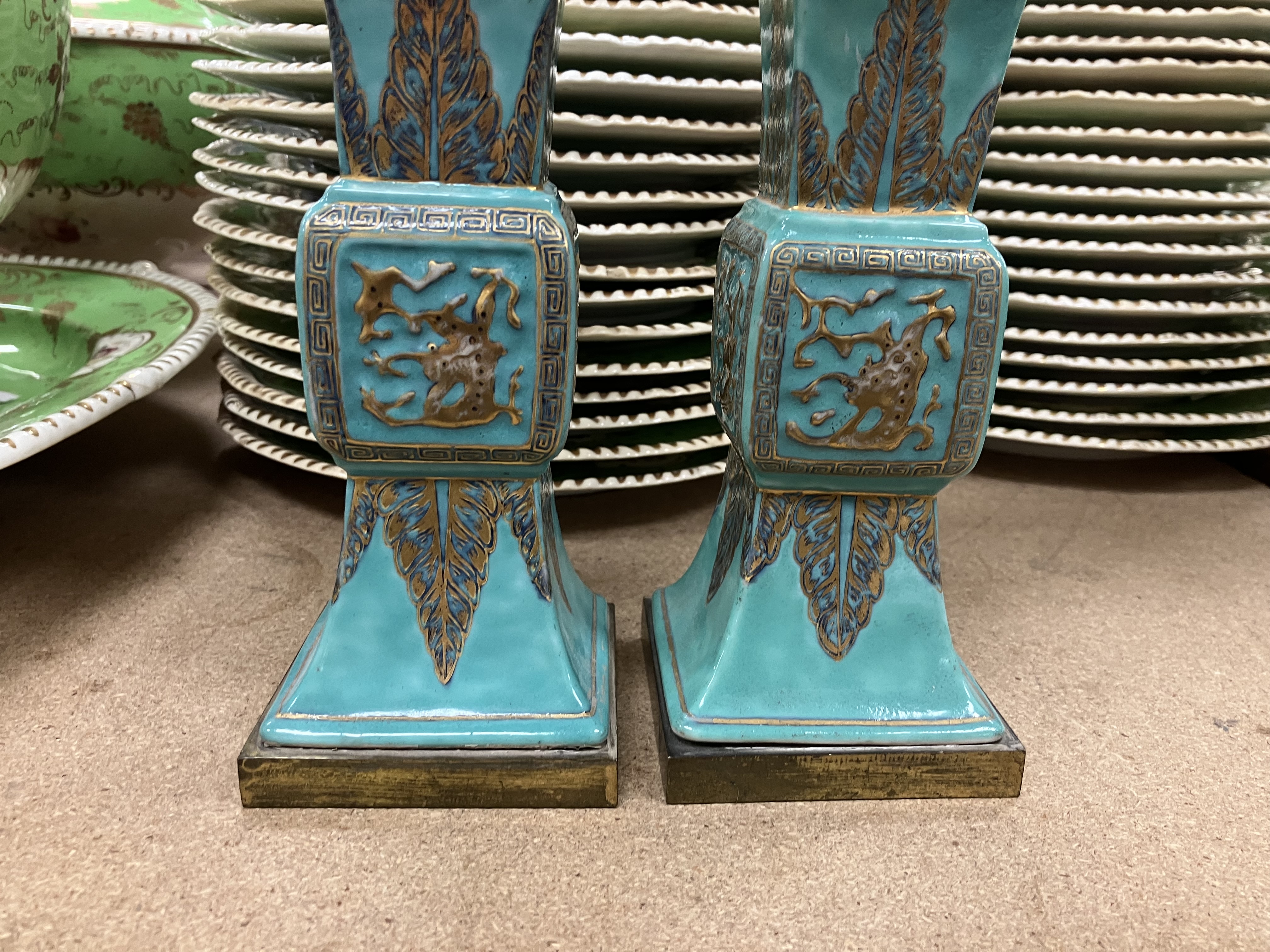 A pair of Chinese turquoise glazed gu vases of flared square form, - Image 20 of 44