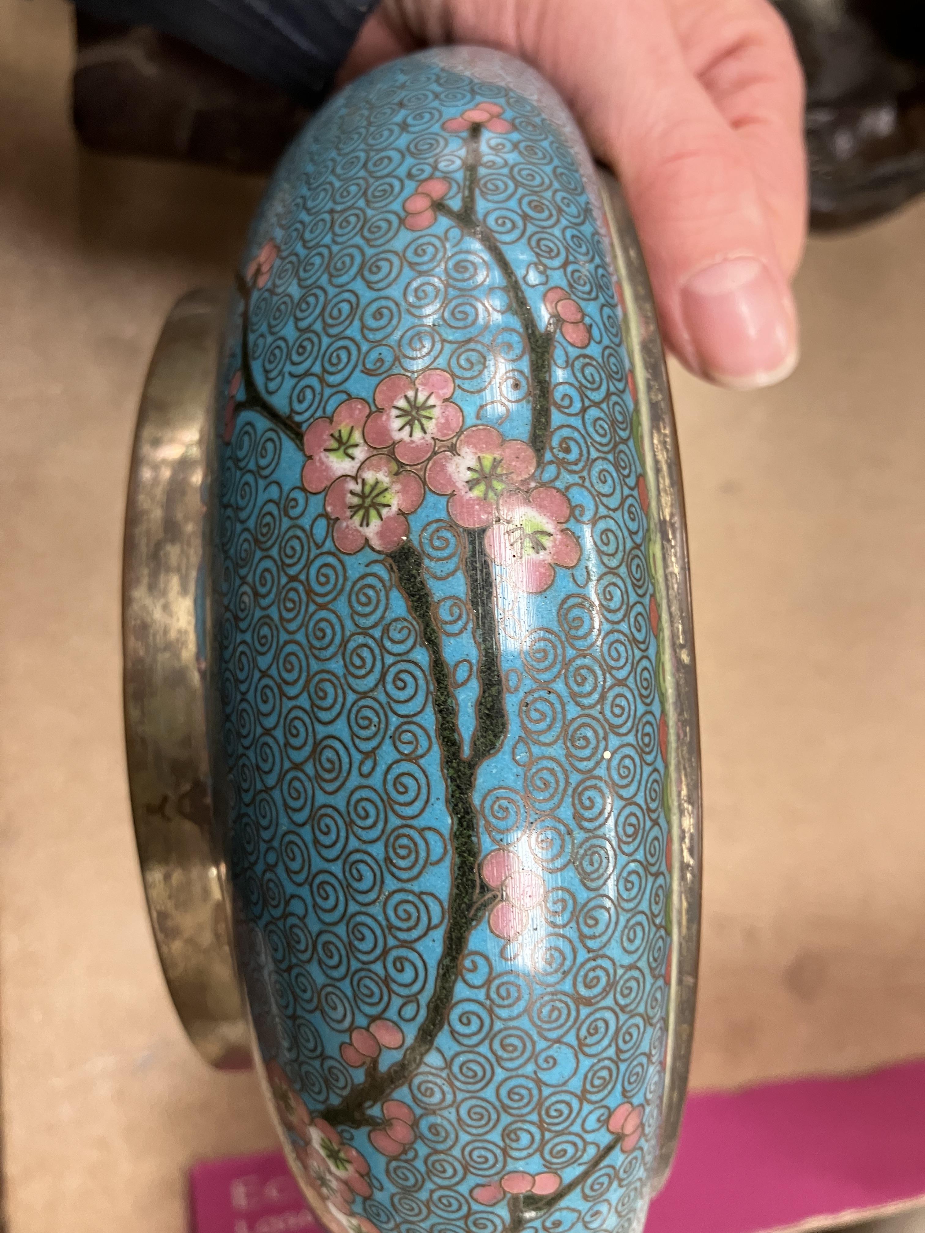 A Chinese turquoise ground cloisonné shallow bowl decorated with branches of prunus blossom raised - Image 12 of 24