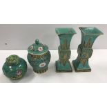 A pair of Chinese turquoise glazed gu vases of flared square form,