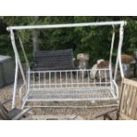 A white painted metal framed garden swing seat frame (no cushions),