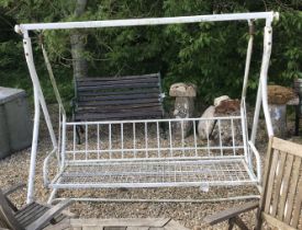 A white painted metal framed garden swing seat frame (no cushions),