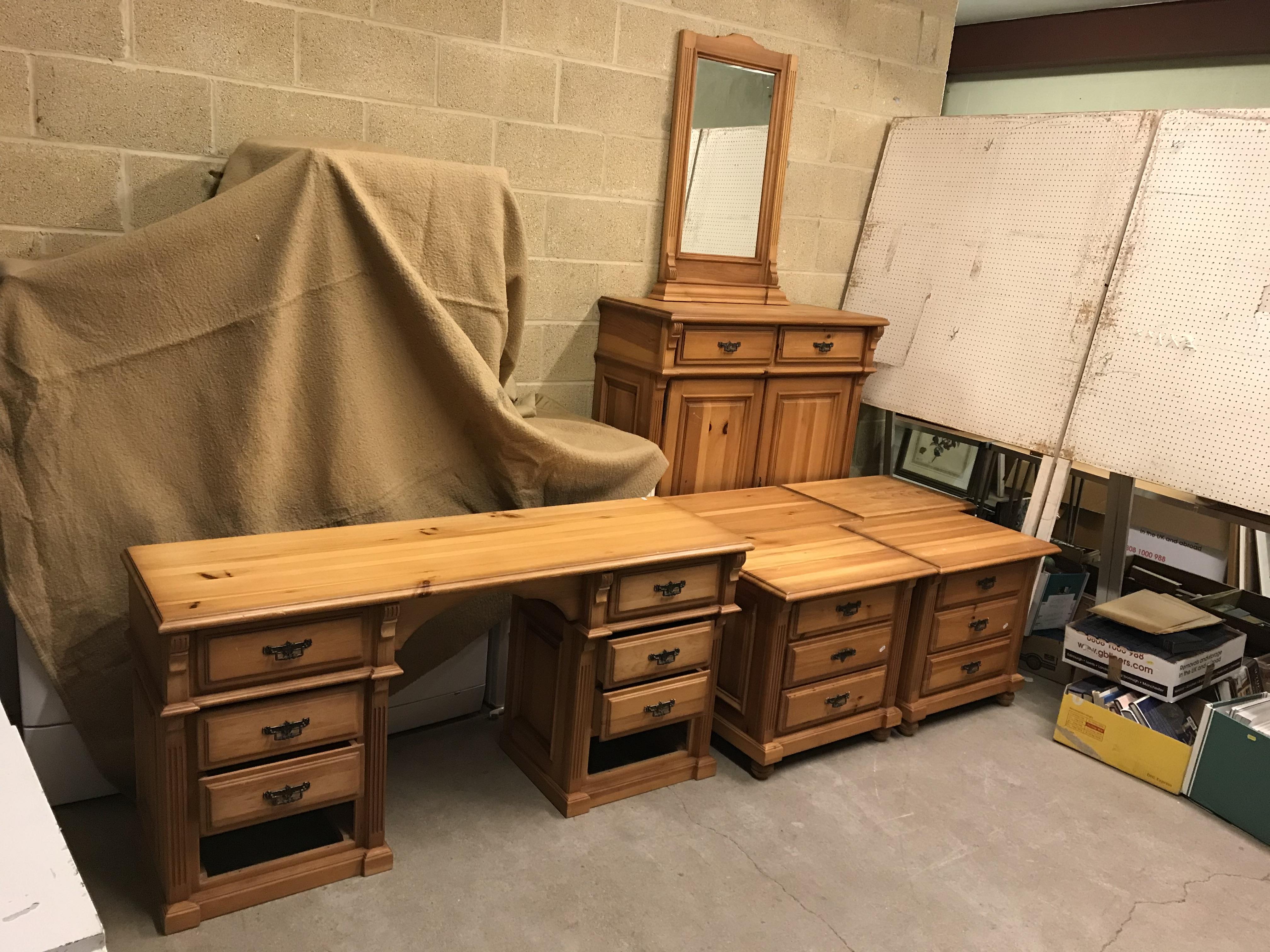 A suite of pine bedroom furniture including a set of four three drawer bedside chests, - Image 2 of 4