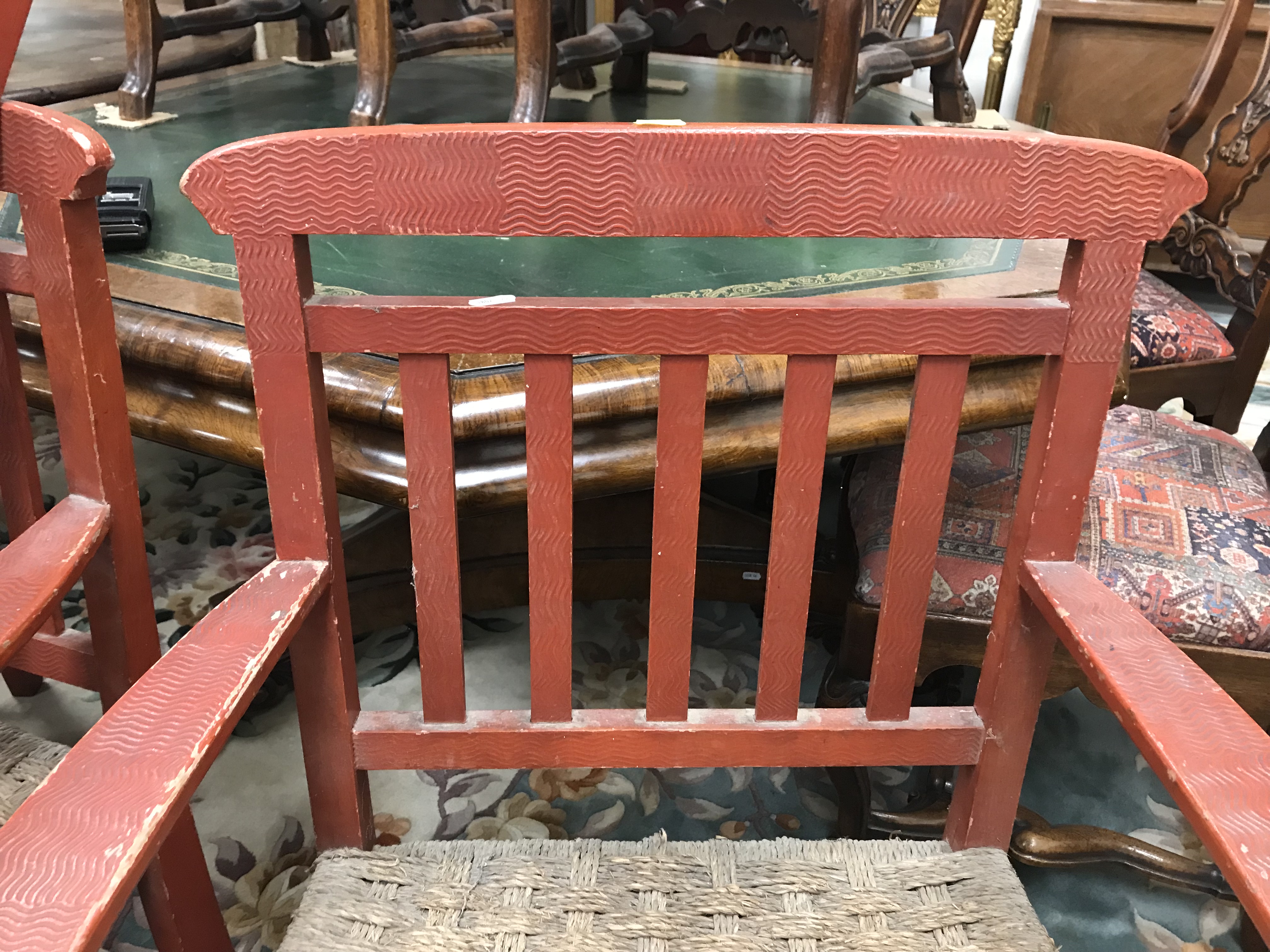 A set of six mid 20th Century red painted wrigglework decorated framed dining chairs, - Image 127 of 128