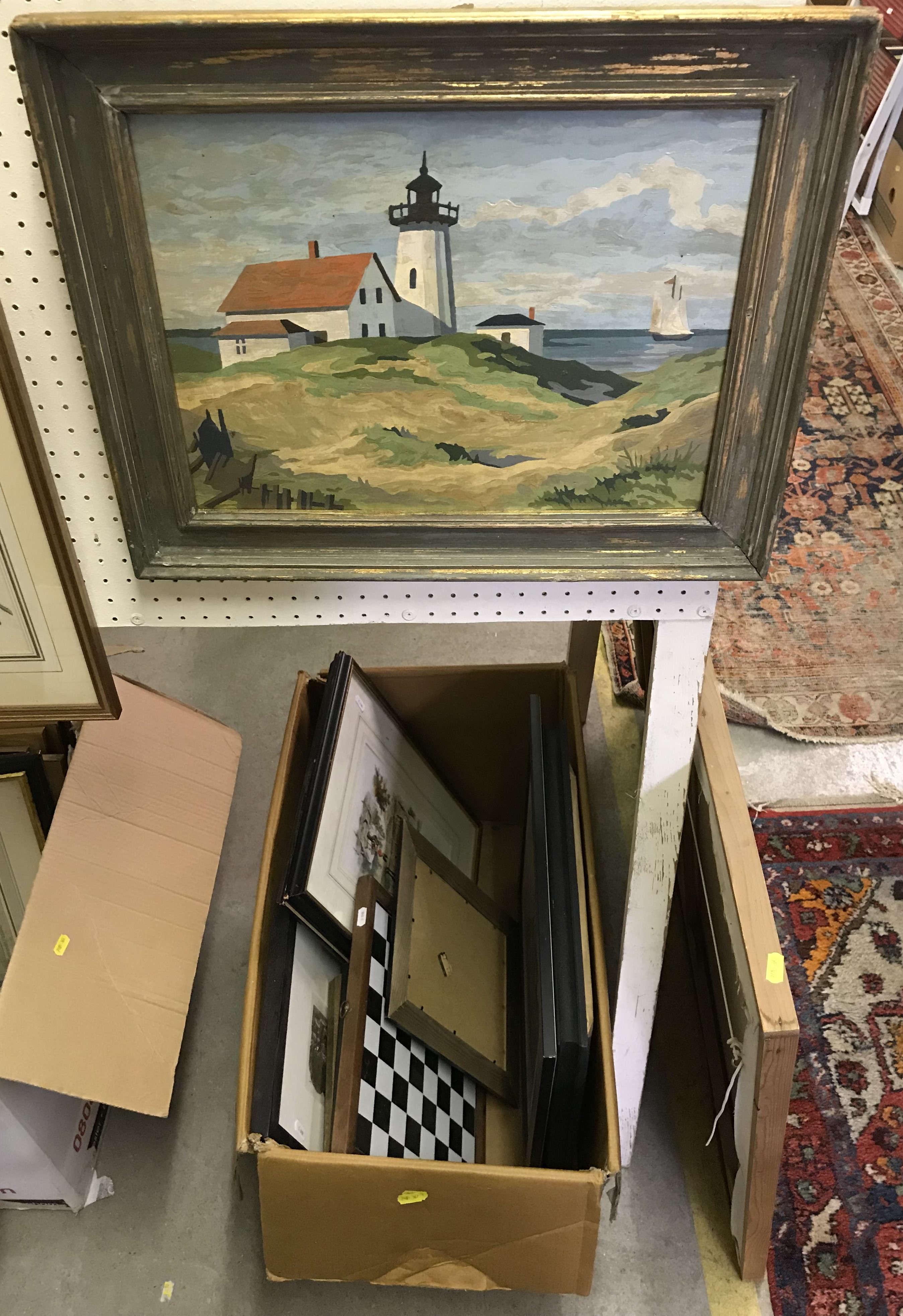 M J CHESTERFIELD? "The Lighthouse" landscape study, oil on board, indistinctly signed verso,