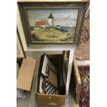 M J CHESTERFIELD? "The Lighthouse" landscape study, oil on board, indistinctly signed verso,