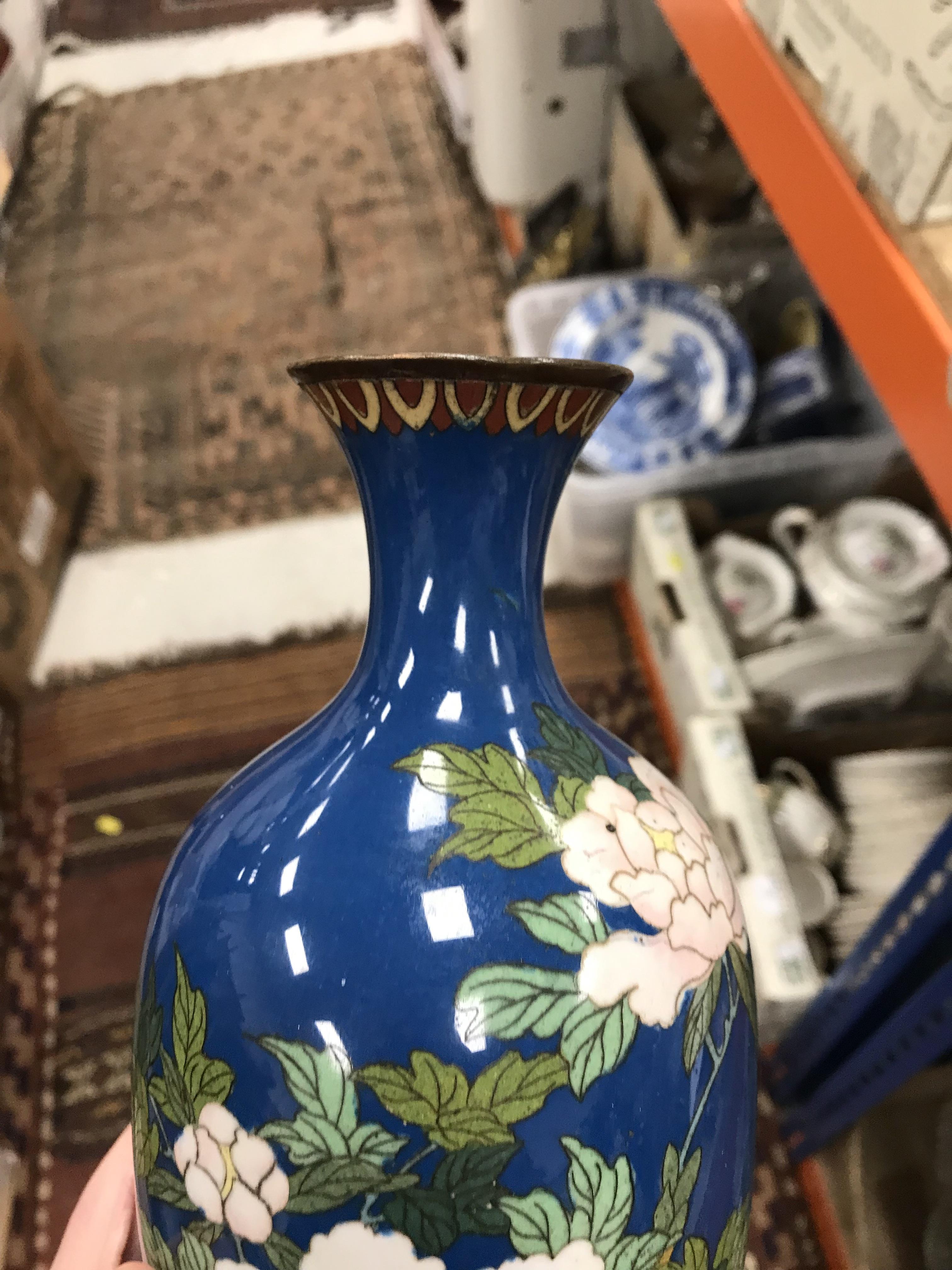 Two similar Chinese blue ground cloisonné vases with floral spray and blossom decoration, - Image 30 of 38