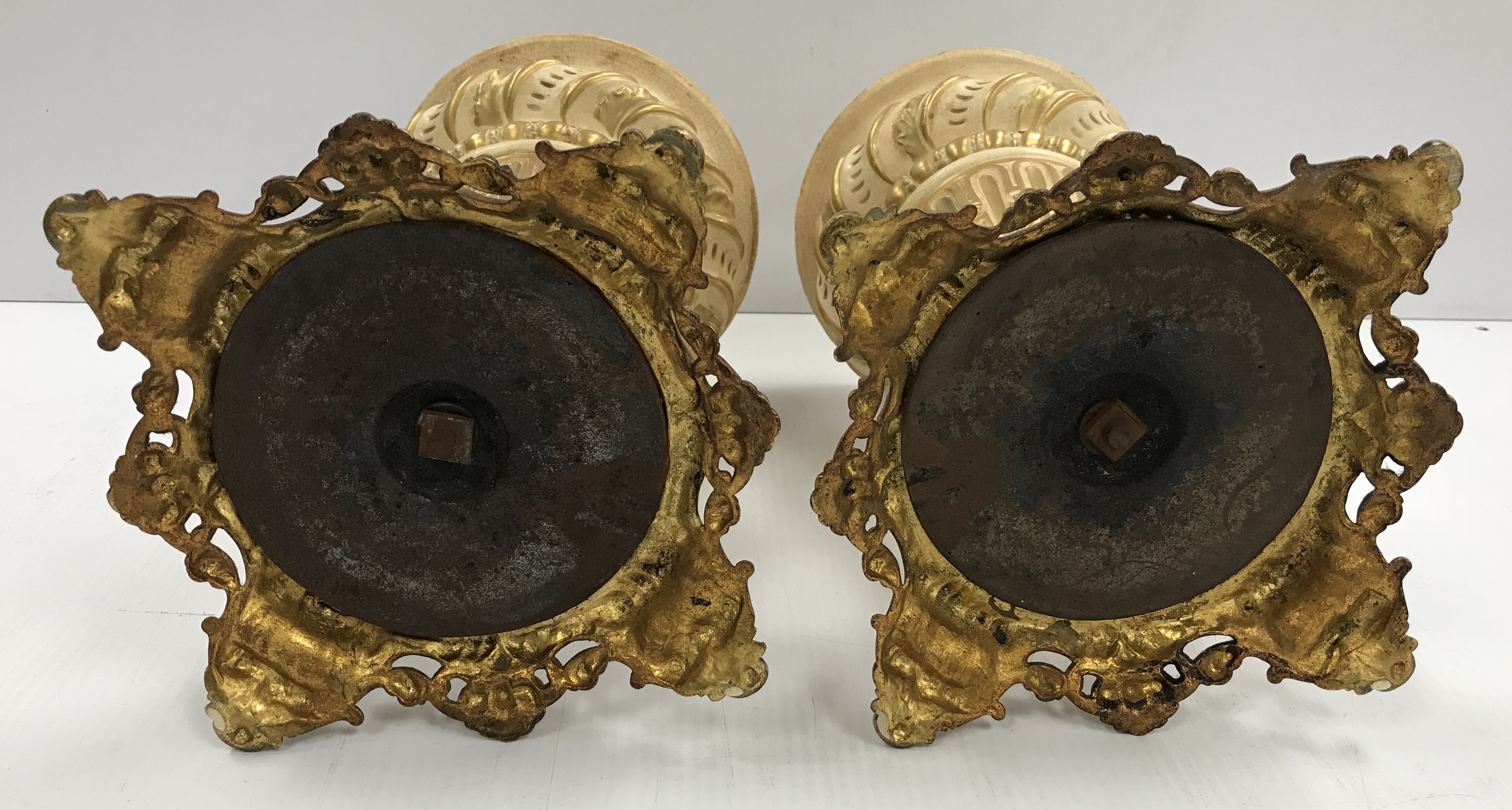 A pair of Continental cream matt glazed and gilded pottery urns and covers with gilt brass - Image 3 of 3