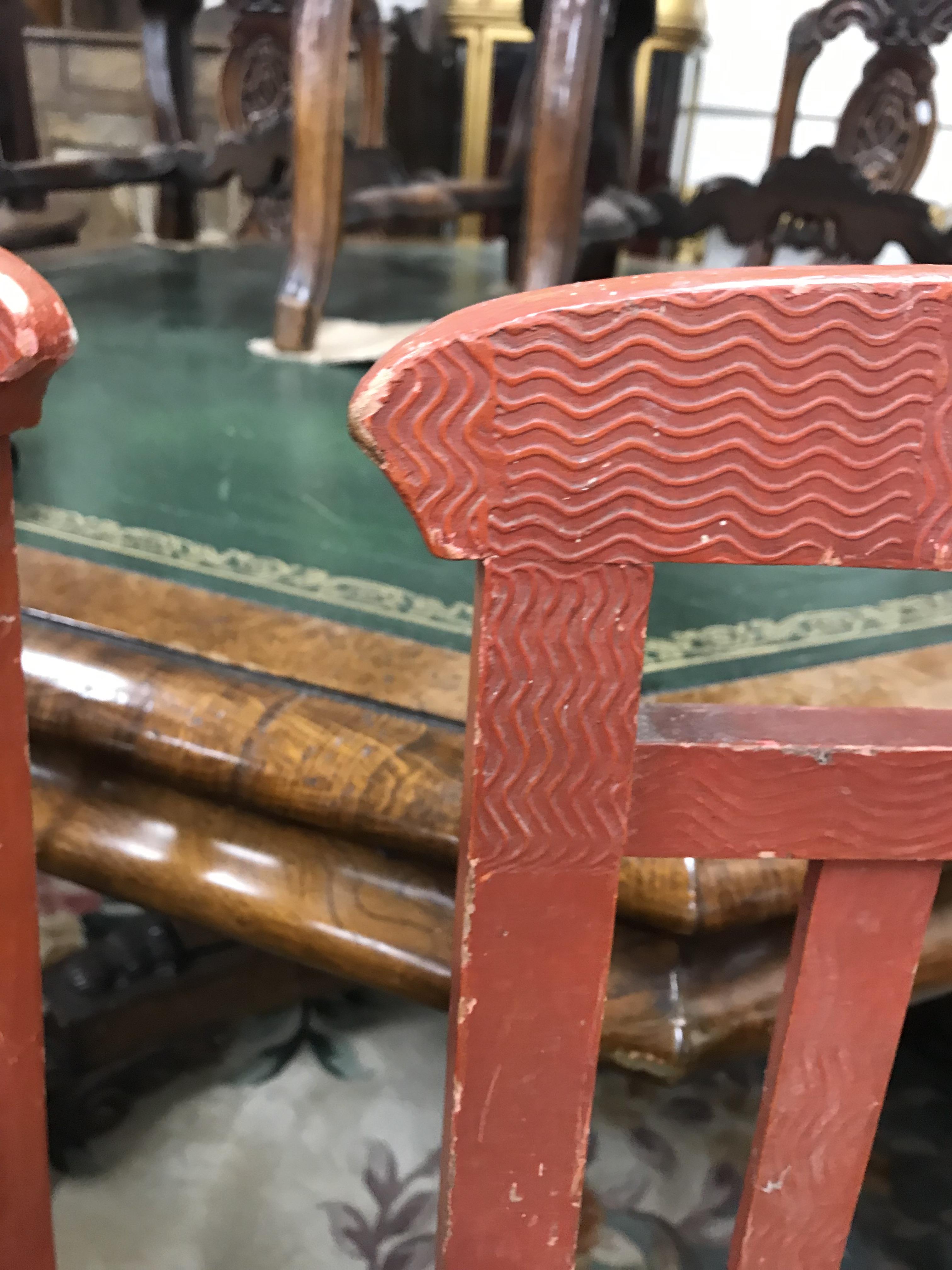 A set of six mid 20th Century red painted wrigglework decorated framed dining chairs, - Image 126 of 128