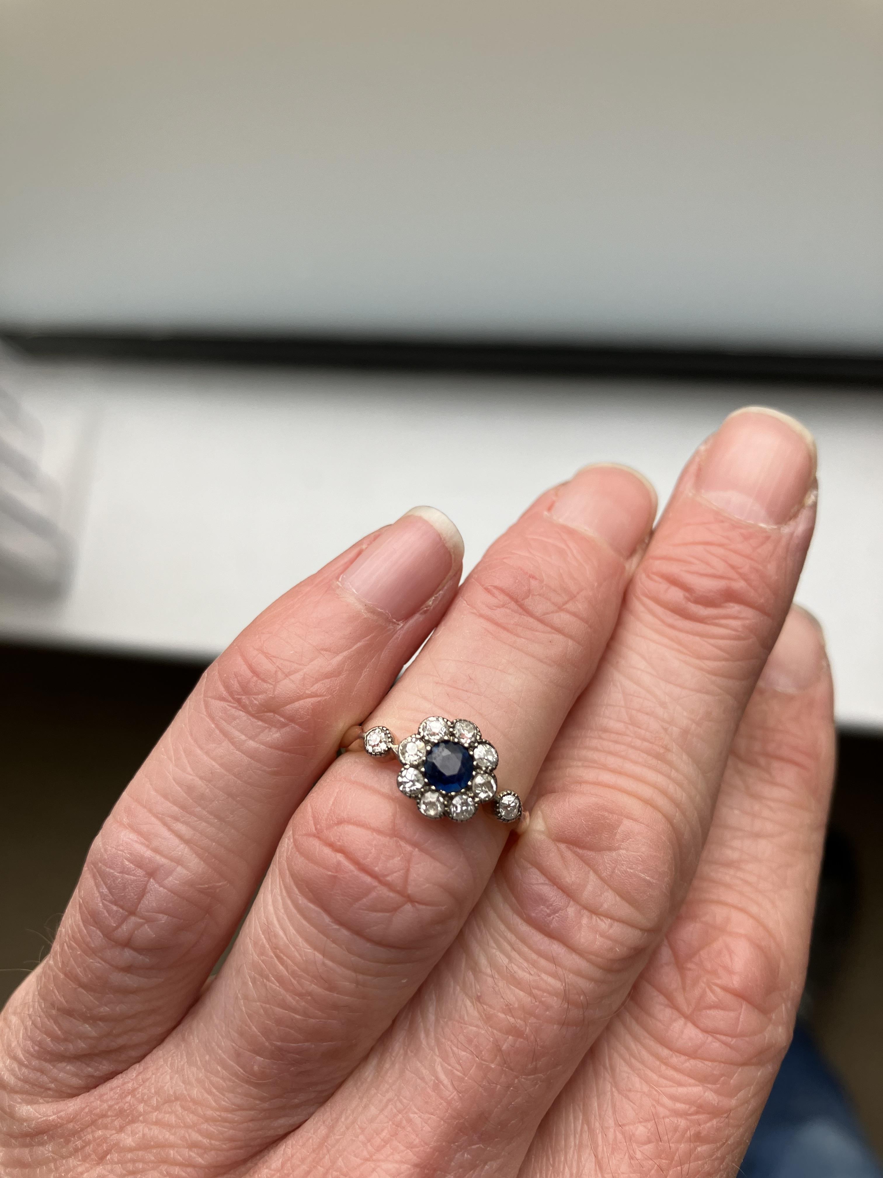 An early to mid 20th Century yellow metal mounted sapphire and diamond flower head dress ring, - Image 6 of 7