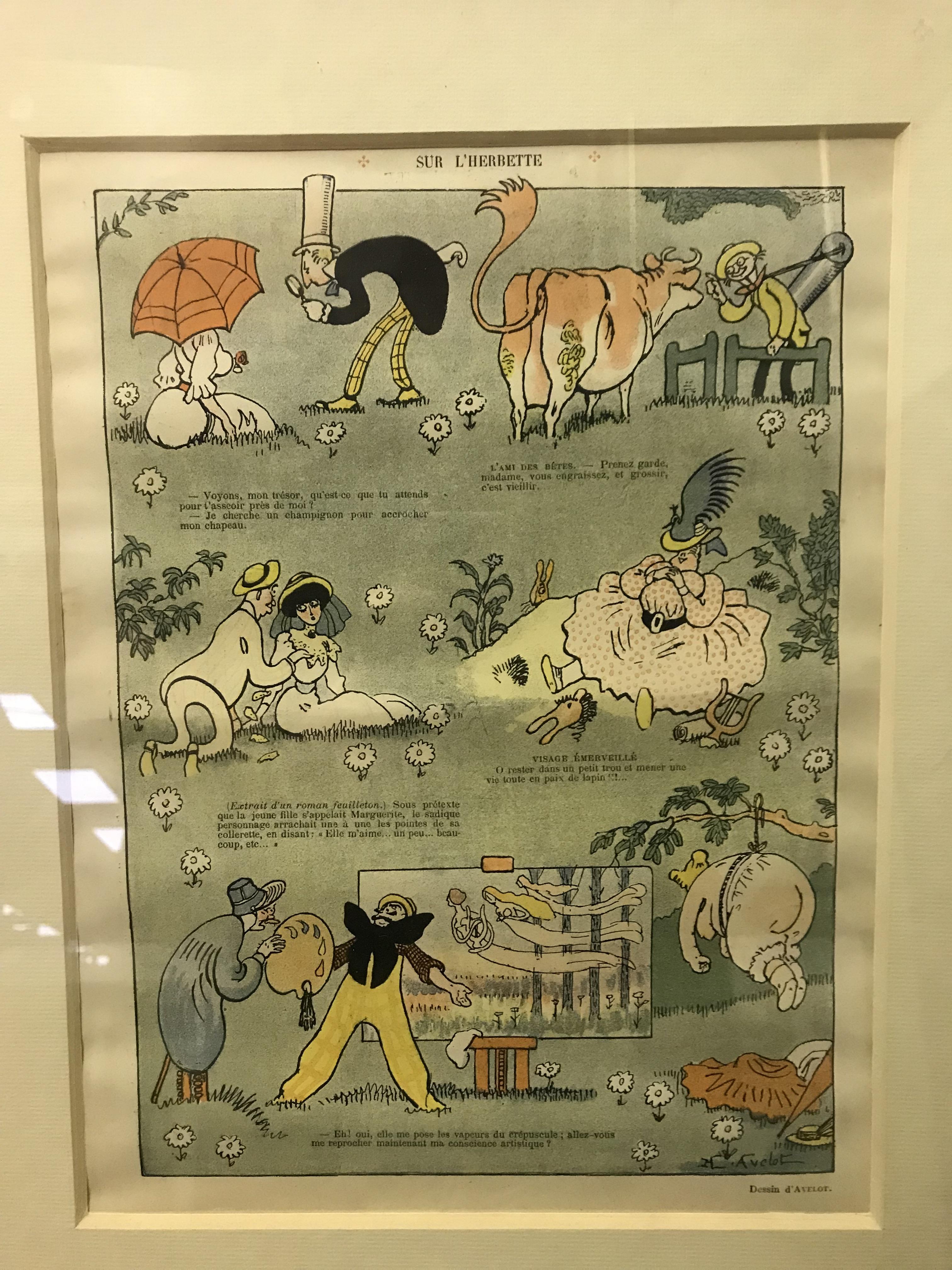 A framed set of twelve French cartoon book / magazine plates depicting various themes / scenes, - Image 2 of 4