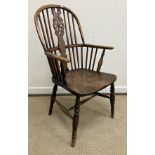 A 19th Century Thames Valley beech and elm wheel and stick back elbow chair on turned legs united