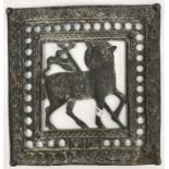 A pierced lead panel "Agnus Dei", depicting lamb and flag and dated "MM" (2000), 28 cm wide x 29.