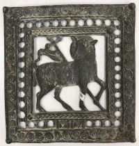 A pierced lead panel "Agnus Dei", depicting lamb and flag and dated "MM" (2000), 28 cm wide x 29.