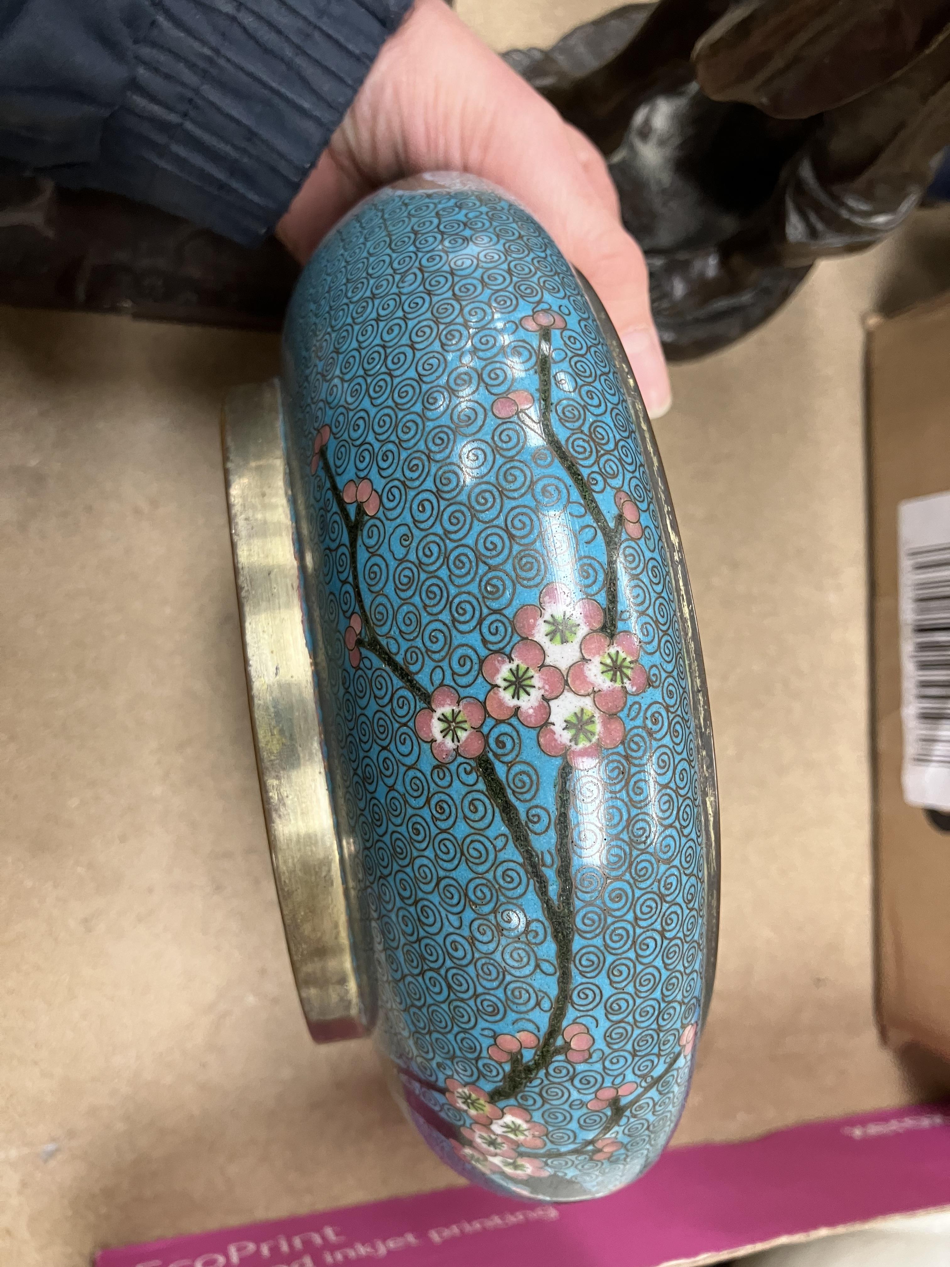 A Chinese turquoise ground cloisonné shallow bowl decorated with branches of prunus blossom raised - Image 17 of 24