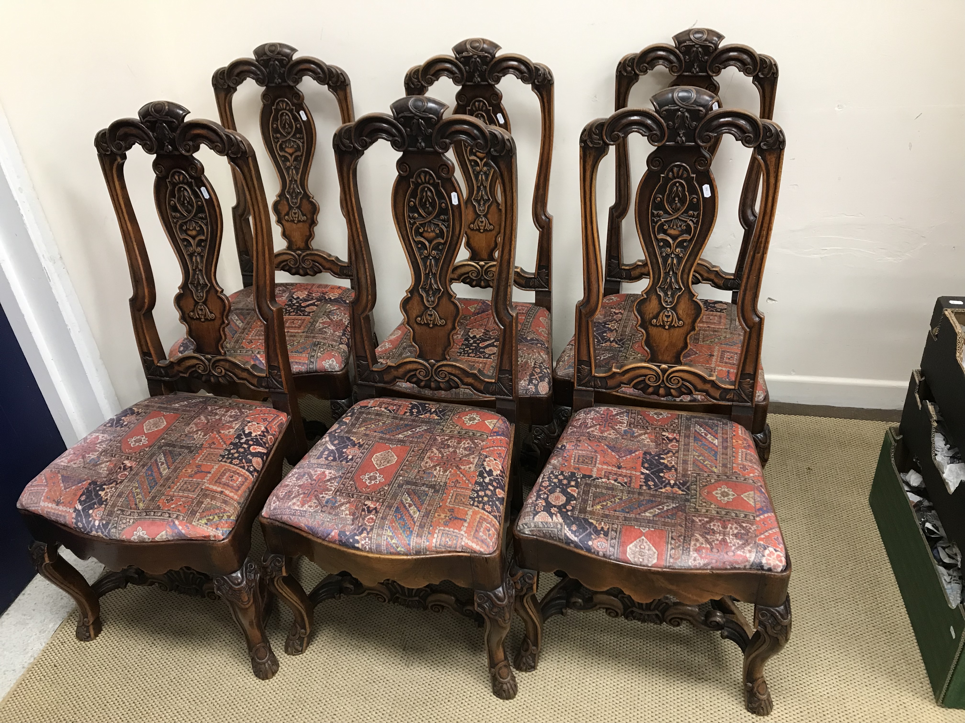 A set of six 19th Century Dutch walnut framed dining chairs in the 18th Century style of Daniel