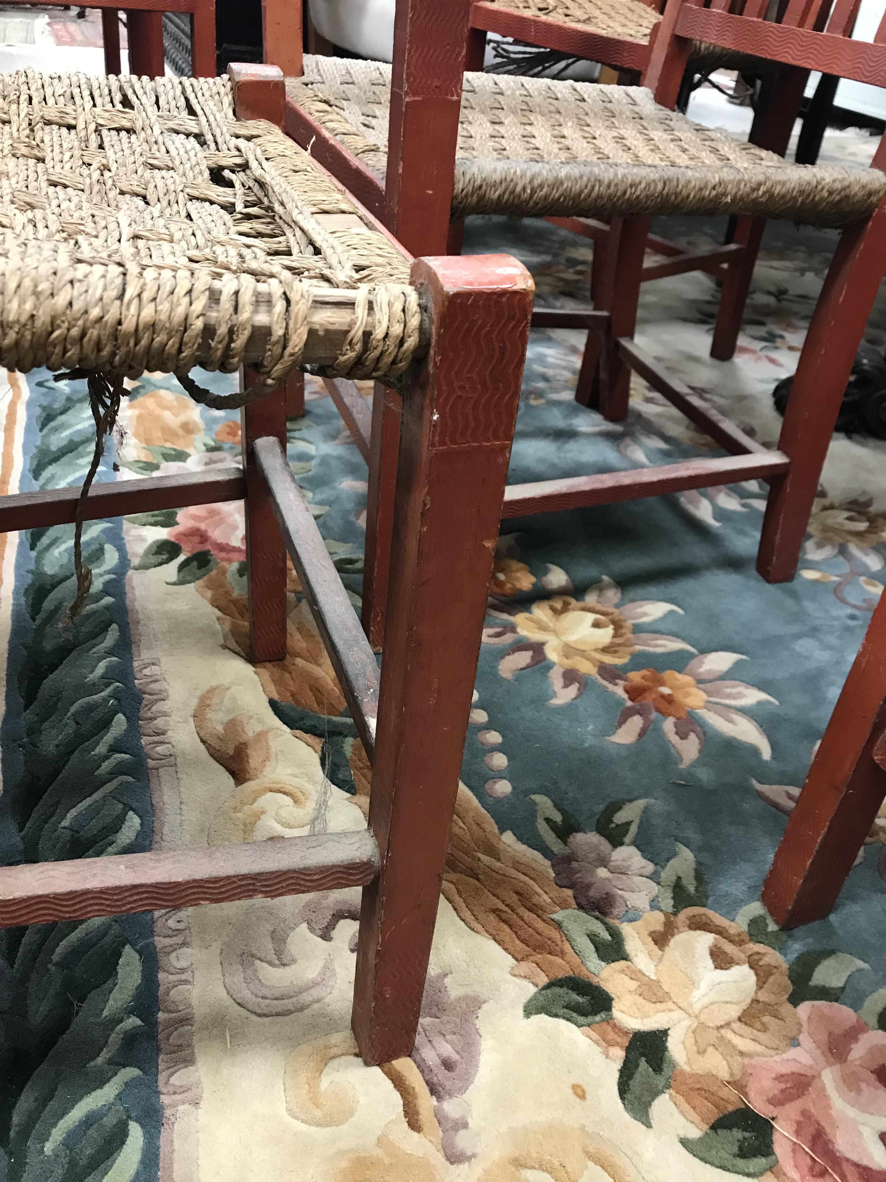 A set of six mid 20th Century red painted wrigglework decorated framed dining chairs, - Image 74 of 128