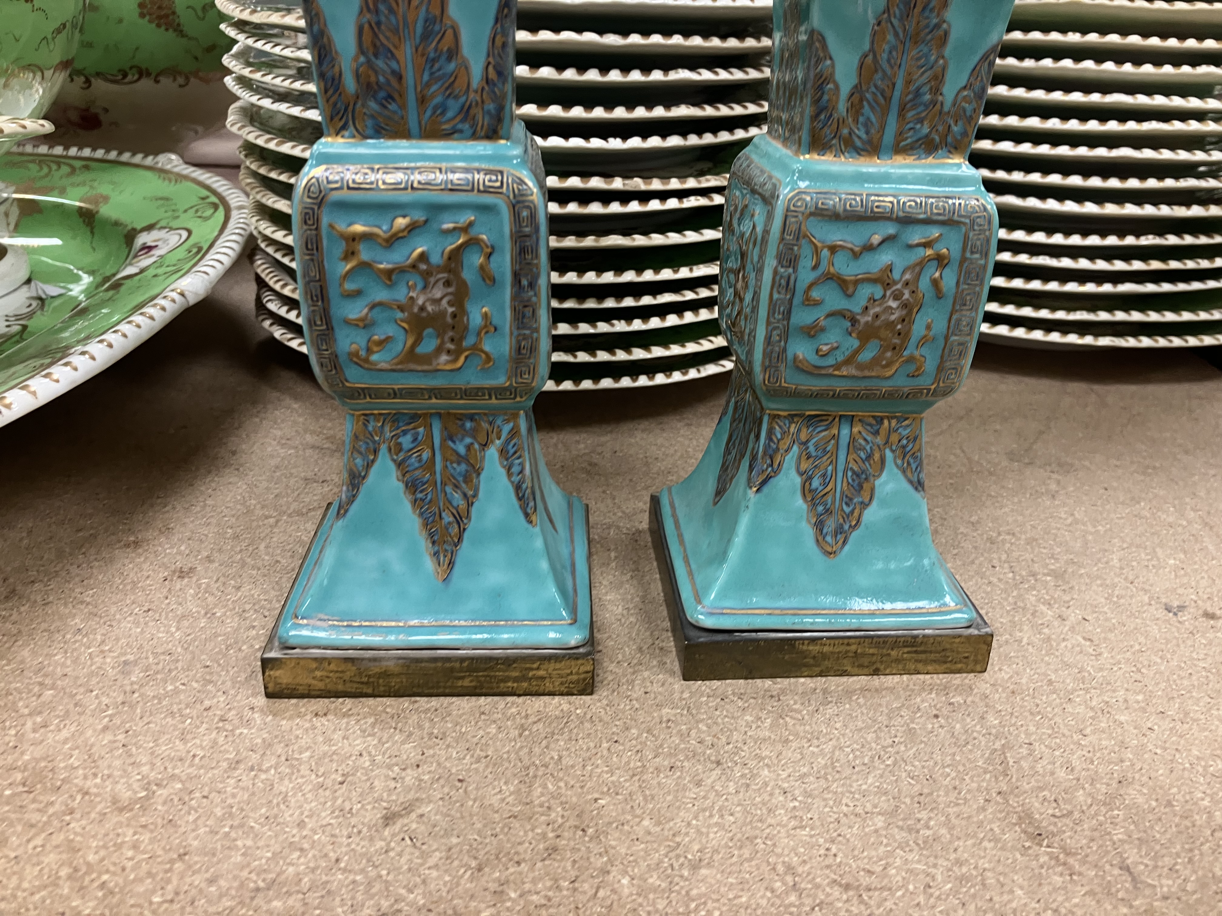 A pair of Chinese turquoise glazed gu vases of flared square form, - Image 17 of 44