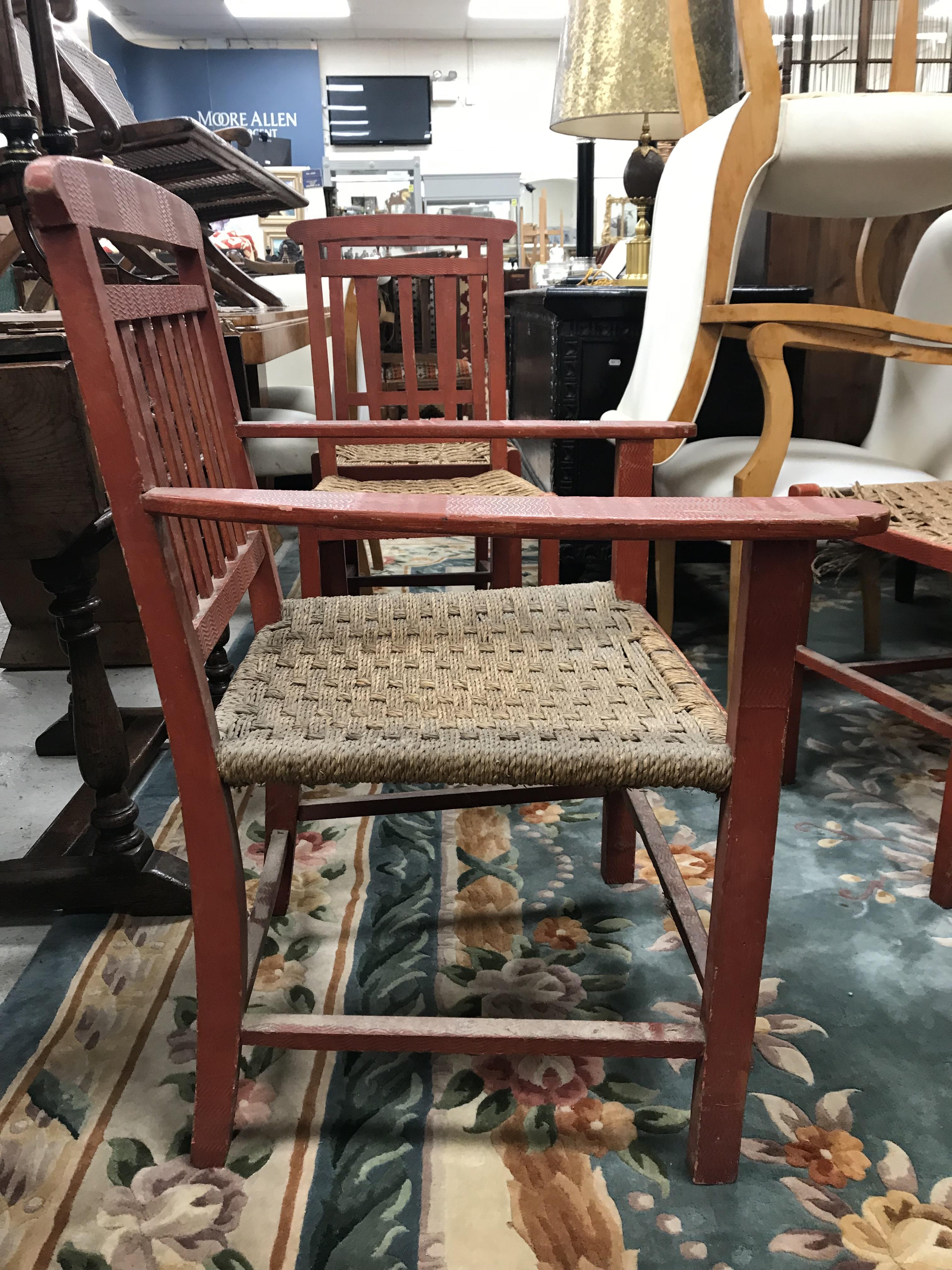 A set of six mid 20th Century red painted wrigglework decorated framed dining chairs, - Image 65 of 128