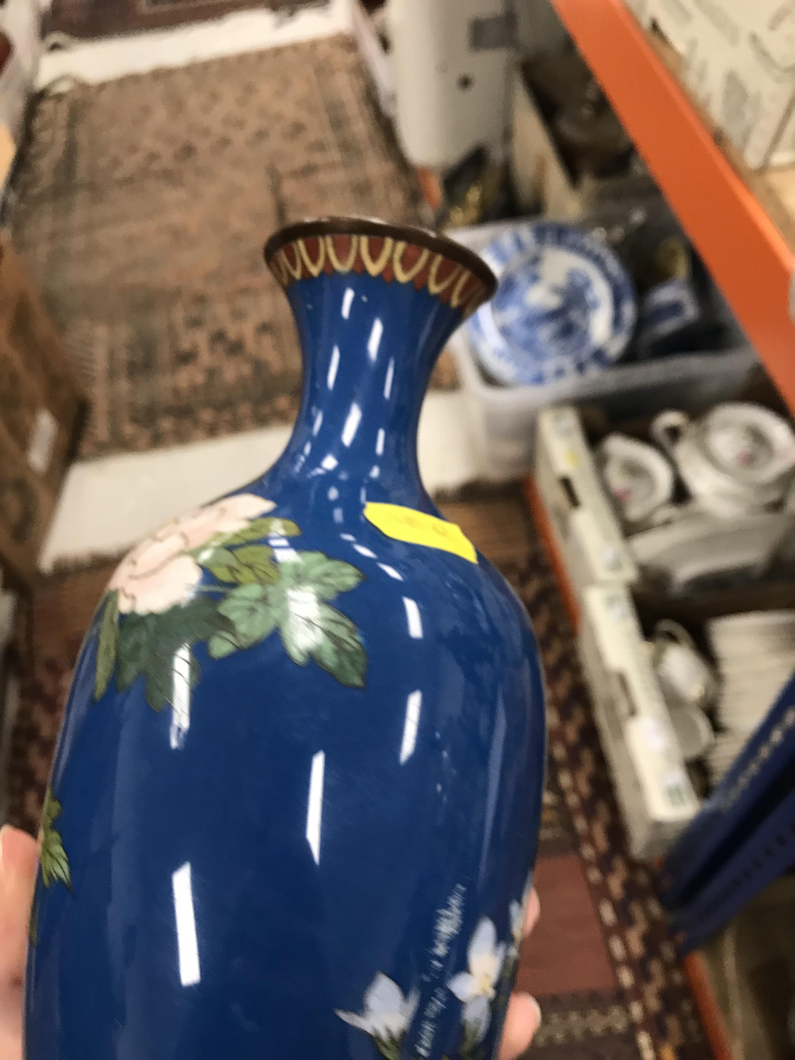 Two similar Chinese blue ground cloisonné vases with floral spray and blossom decoration, - Image 27 of 38