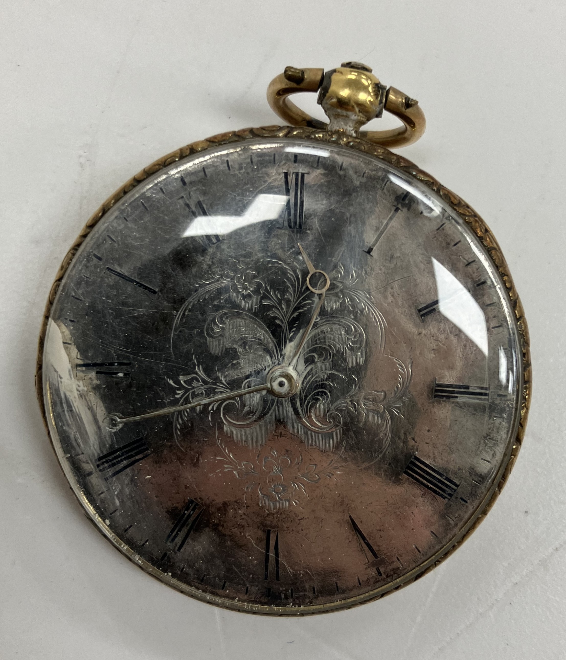 A 19th Century French yellow metal mounted open face pocket watch with engraved silvered dial and - Bild 3 aus 6