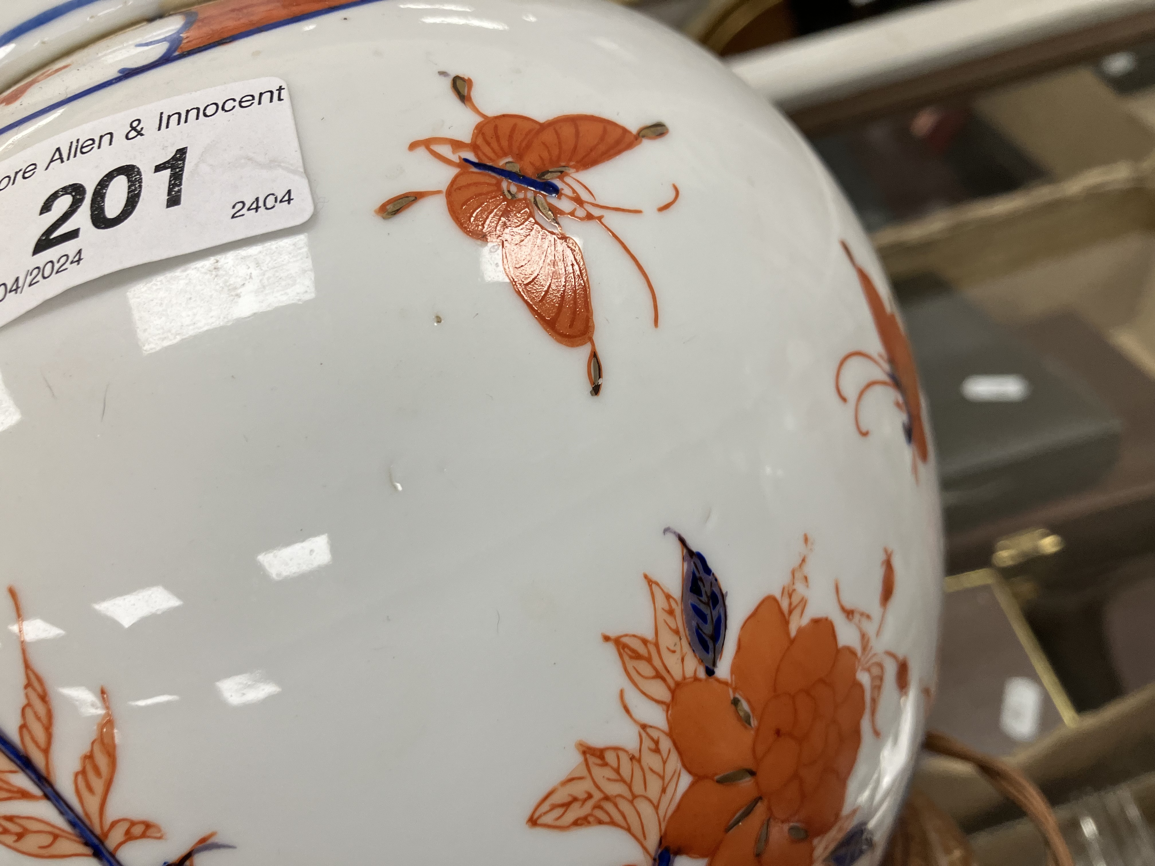 A pair of Japanese porcelain butterfly and flower decorated table lamps of ginger jar form in the - Image 14 of 32