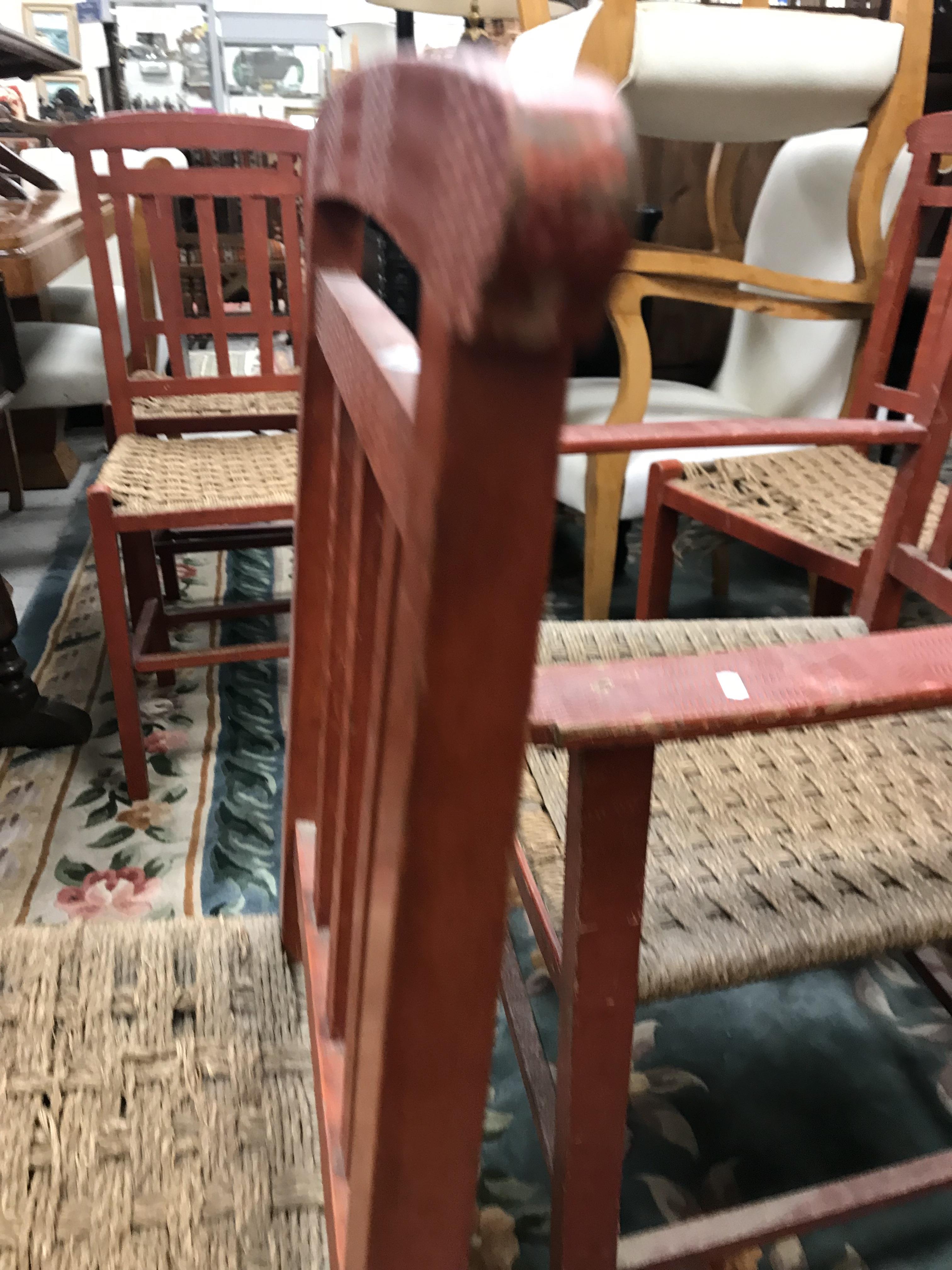 A set of six mid 20th Century red painted wrigglework decorated framed dining chairs, - Image 83 of 128