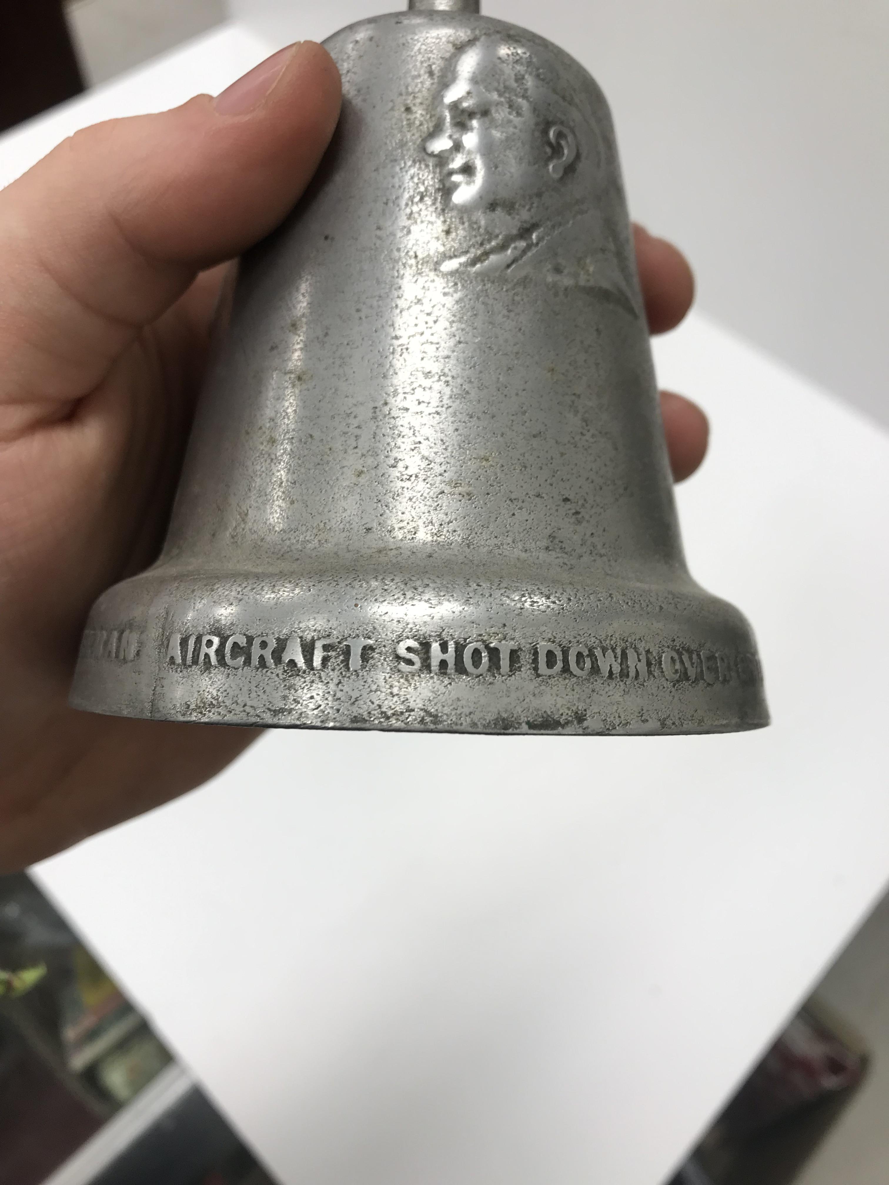 Two aluminium table bells inscribed "RAF Benevolent Fund cast with metal from German aircraft shot - Image 6 of 7