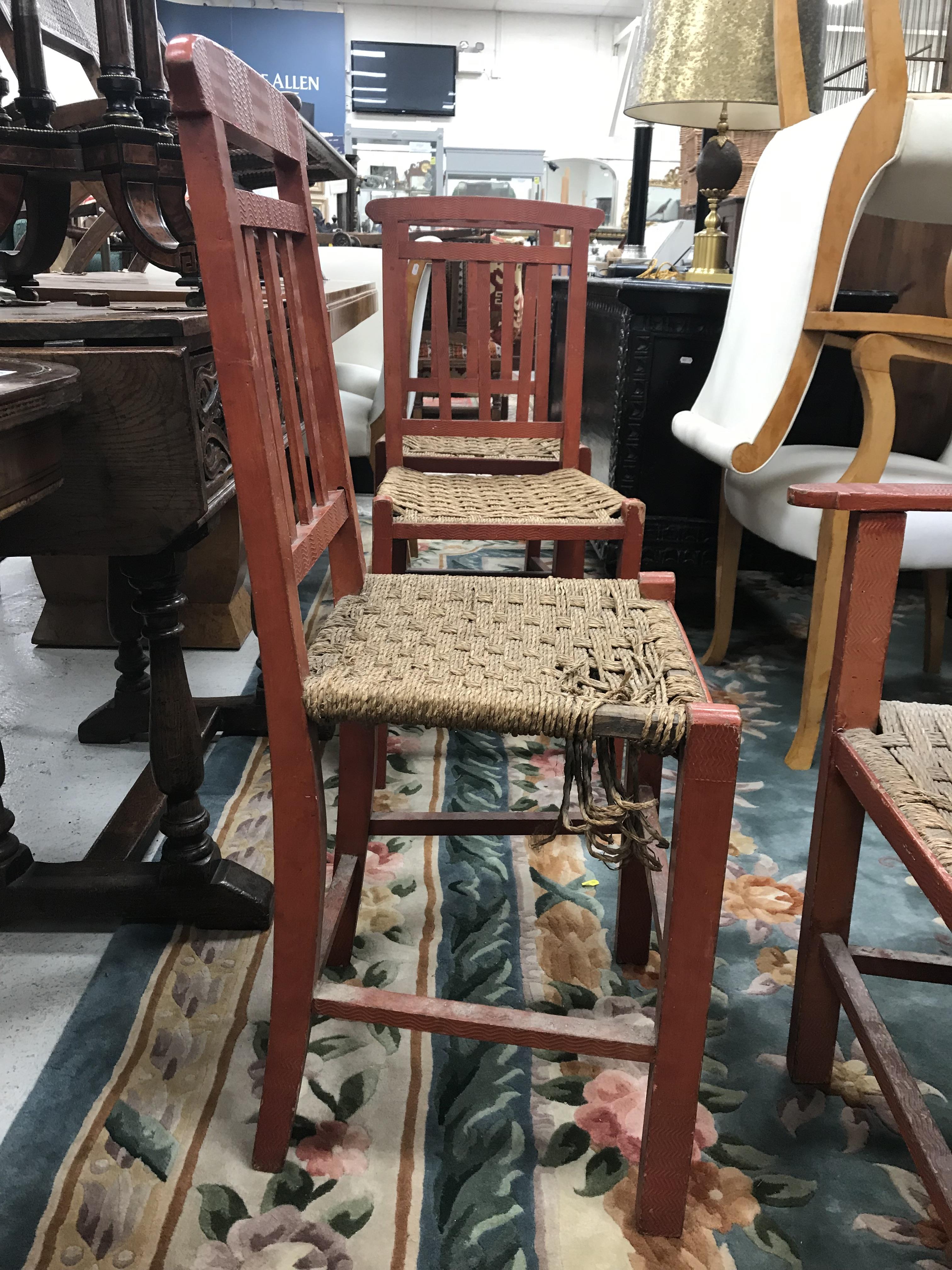 A set of six mid 20th Century red painted wrigglework decorated framed dining chairs, - Image 49 of 128