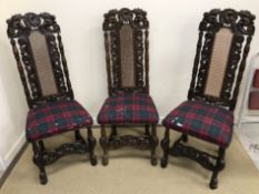 Three Carolean style walnut framed chair