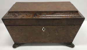 A 19th Century burr yew tea caddy of sar