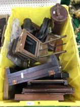 A box of various vintage photographic eq