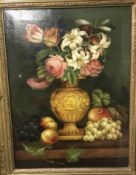 EDWIN STEEL “Flowers and fruit on a ledge”, still life study in the 19th Century Dutch manner,