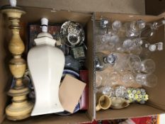 A box of assorted glassware to include Orrefors decanter and various other decanters,