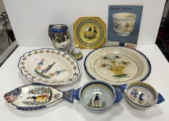 A collection of Quimper faience pottery to include lozenge shaped dish decorated with Breton woman