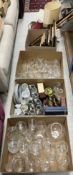 Three boxes of assorted china and glassware to include various wine glasses, jugs etc,