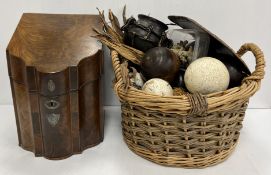 A George III mahogany and strung knife box of typical form set with white metal escutcheon and