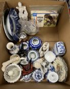 A box of assorted chinaware to include various decorative blue and white pots,