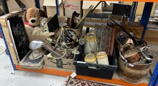 A collection of sundry items to include copper coal helmets, sewing boxes, sword, baskets,