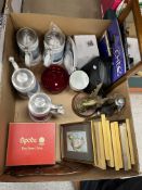 A box containing assorted sundry items to include nine Cash's woven silk pictures depicting various