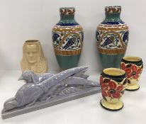 A collection of various Art Deco and similar pottery and artifacts including a pair Arnhem Pottery